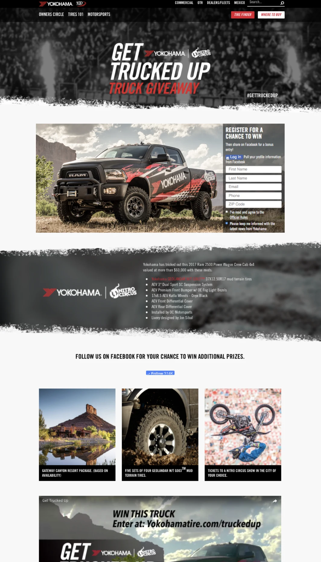 Yokohama Get Trucked Up truck giveaway campaign page with Nitro Circus